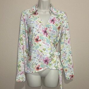 Rachel Zoe Floral Faux Wrap Blouse with Collar, Size S, EUC
